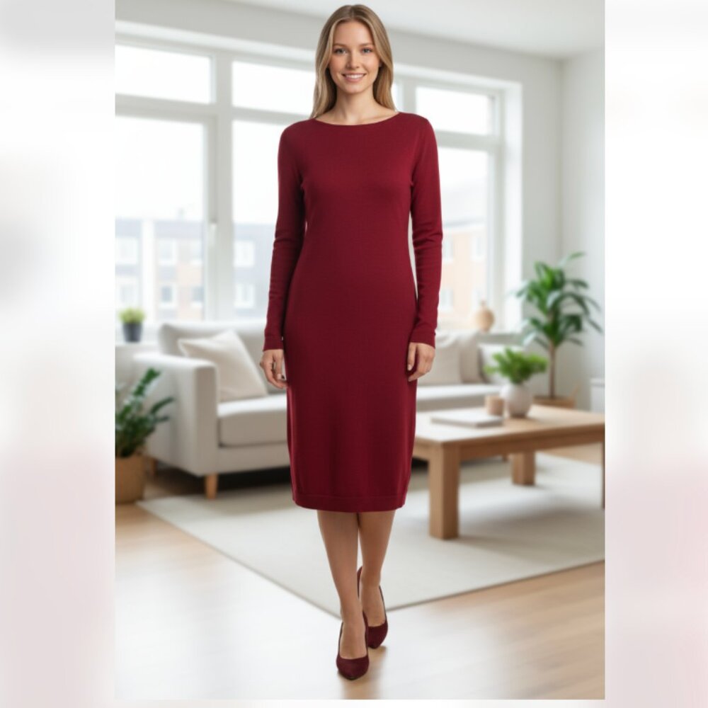 NWOT ZARA Boat Neck Long Sleeve Super Soft Midi Dress Stretch Red Medium